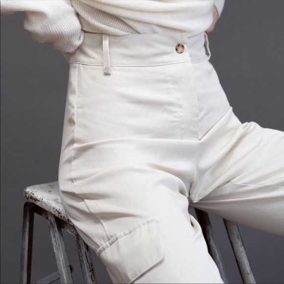 NEW Uncle Studios Cargo Pant Straight Leg High Rise Button Fly Cream Tan Medium - Picture 2 of 8